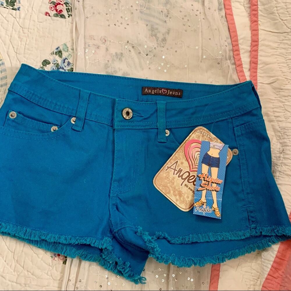 2 PAIRS NEW ANGELS JEANS DENIM CUTOFF STRETCH SHORTS 5 PINK & BLUE
